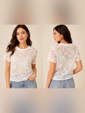 Veveret White Floral Embroidered Mesh Sheer Top NWT Size Medium Boutique